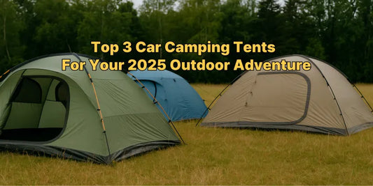 Three dome-style camping tents set up on a grassy field, perfect for car camping trips with family or friends under clear skies.