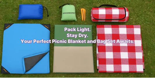 Three picnic blanket and bag sets displayed on green grass—waterproof, foldable, and perfect for camping, hiking, or outdoor travel.