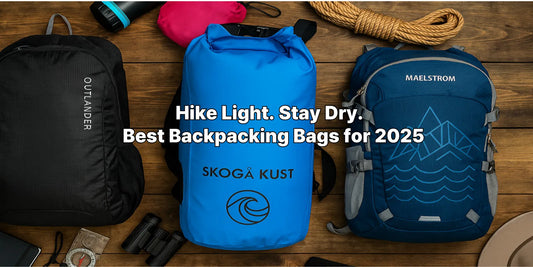 Three waterproof and lightweight backpacks ideal for 2025 backpacking trips, displayed on a wooden surface with camping gear.