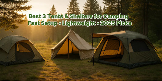 Three types of camping shelters including a mosquito net, beige canopy, and turquoise tent set up in a grassy field surrounded by trees and nature.