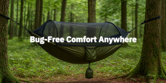 Realistic image of a camping hammock with mosquito net set up outdoors between trees, designed for two people and lightweight travel.