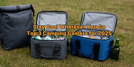 Three camping coolers on grass filled with ice, bottles, and cans—featuring backpack and soft-sided designs for outdoor food storage.