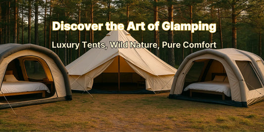 Three glamping tents in a peaceful pine forest, showcasing luxury camping comfort and natural surroundings.