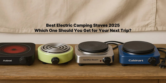 Four portable electric camping stoves from different brands are displayed on a wooden surface with a beige tent backdrop and visible power cords.