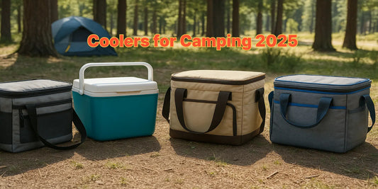 A variety of collapsible and insulated camping coolers in different colors placed outdoors with a tent in the background.