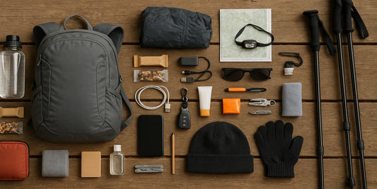 Flat lay of hiking essentials: 15L daypack, water, map, headlamp, snacks, first aid kit, multitool, gloves, trekking poles.