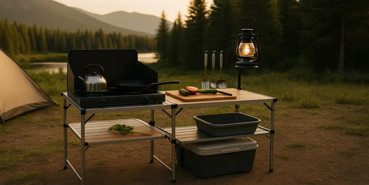 Portable camping kitchen table at lakeside campsite, with stove, kettle, pan, cutting board, utensils, and lantern at sunset.