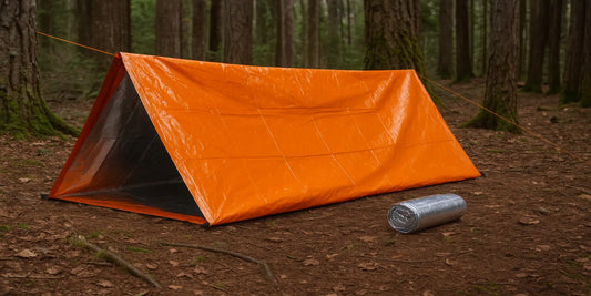 A bright orange A-frame emergency survival tent is set up in a forest with a rolled silver tube shelter lying on the ground beside it.