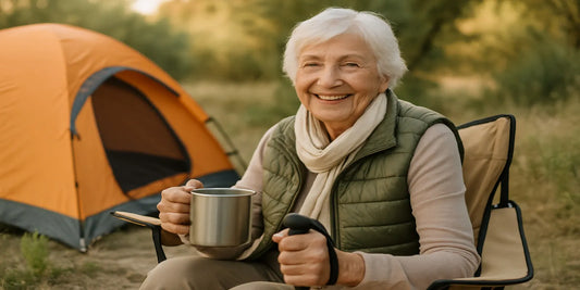A smiling senior couple sits beside a tent and camping chairs in nature, enjoying sunlight and relaxation during an outdoor trip.