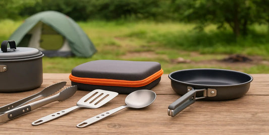 Camping cookware set with stainless steel utensils, nonstick pan, pot, and carry case on wooden table, green tent and trees in background.