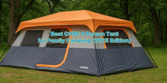 A large CORE 9-person instant cabin tent set up in a lush green forest, ideal for family camping in 2025 with mesh windows and durable design.
