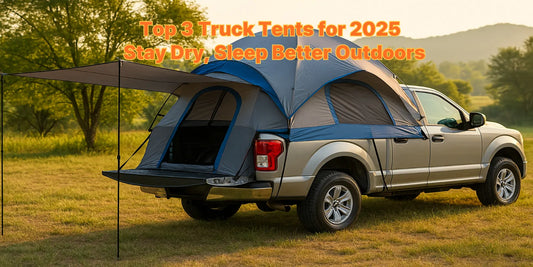 A waterproof truck tent set up on a silver pickup truck in a grassy campsite during sunset, ideal for outdoor camping and overlanding adventures.
