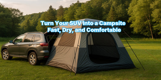 A gray SUV with a tailgate tent is set up in a forest clearing, offering shade and shelter for camping in nature during golden evening light.