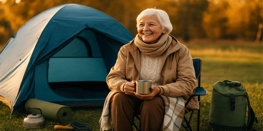 Smiling senior woman camping outdoors, sitting by a blue tent with a mug in hand, wearing warm clothes and surrounded by cozy camping gear.