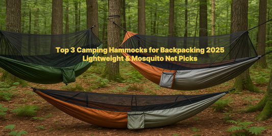 Three ultralight camping hammocks with mosquito nets hanging in a forest, ideal for backpacking and outdoor use in 2025.