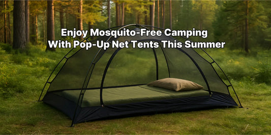 A mosquito net tent set up at a peaceful campsite surrounded by trees, designed for outdoor protection from insects during summer camping.