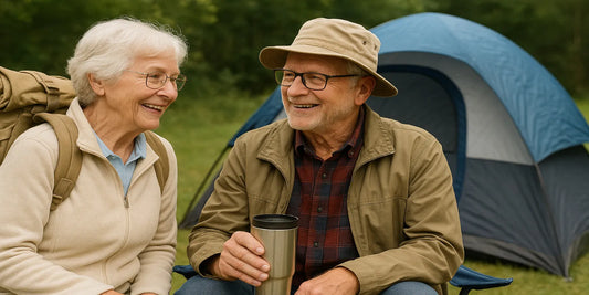 Elderly couple camping outdoors with a tent, smiling and relaxing together in nature, enjoying a safe and light outdoor experience.
