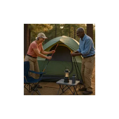 Older couple at lakeside campsite with tent, chairs and table; lantern and hiking poles at sunset in a pine forest.