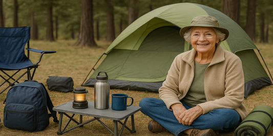 An elderly woman smiles while camping in a forest, sitting near a green tent with a lantern, thermos, mug, and backpack.