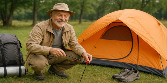 A smiling senior man camping outdoors, setting up a bright orange tent with light gear, backpack, and shoes beside him on green grass.