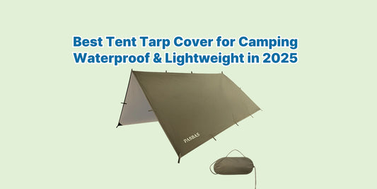 A durable waterproof camping tarp made from 70D ripstop nylon, shown fully deployed over a tent with guy lines, perfect for outdoor shelter.