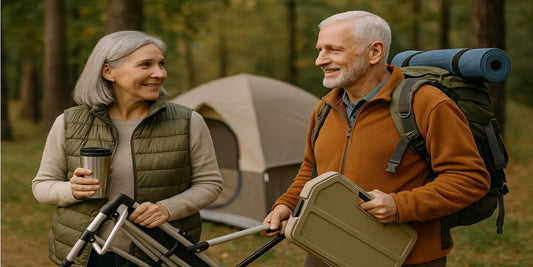 A smiling senior couple enjoys camping outdoors, standing near a tent with gear, a backpack, and a mug, sharing a relaxed conversation.