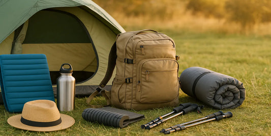 Camping gear with a tent, backpack, sleeping bag, trekking poles, water bottle, and hat arranged on grass in natural sunlight.