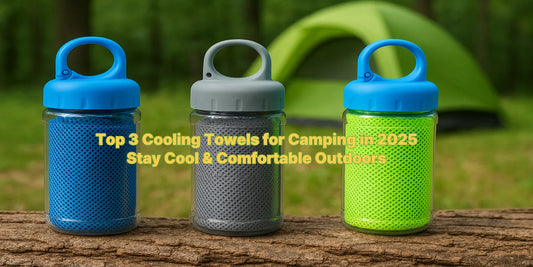 Three rolled cooling towels in bottles on a log with a green tent in the background, perfect for staying cool during outdoor camping in 2025.