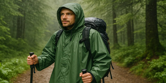 A hiker wearing a green rain poncho and backpack walks through a rainy forest trail, holding trekking poles in misty, wet conditions.