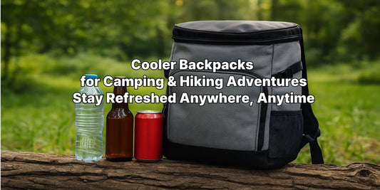 A cooler backpack on a log with drinks in a forest setting—ideal for camping, hiking, and keeping food and beverages cold outdoors.