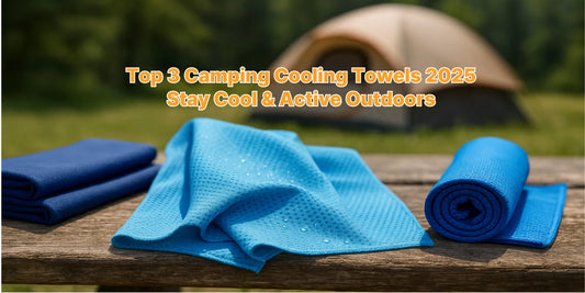 Three blue cooling towels on a wooden surface with a tent behind, perfect for staying cool while camping or hiking in summer 2025.