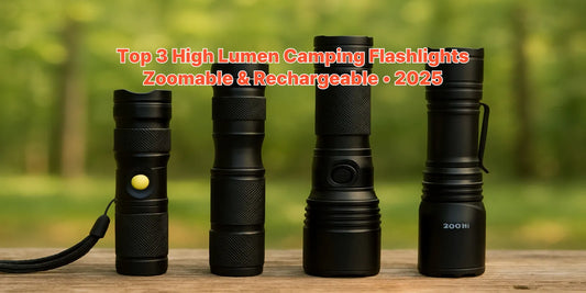 Three high-lumen camping flashlights on a wooden table in a forest setting, perfect for outdoor adventures—zoomable and rechargeable.