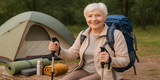 Smiling elderly woman with backpack and trekking poles sitting near tent and camping gear in a green forest campsite.