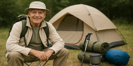 Alt text: "Smiling senior man sitting by a pitched tent with backpack, sleeping bag, and camping gear, enjoying safe and easy outdoor camping."