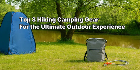 Flat lay of essential hiking camping gear like a privacy tent, cooler backpack, and shower on a wooden surface.