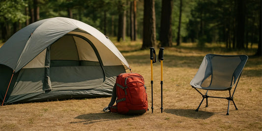 Camping scene with a light tent, red backpack, trekking poles, and folding chair set in a sunny forest clearing.