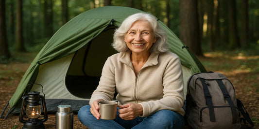 A smiling senior woman in a beige jacket sits by a green tent holding a mug, with a lantern, thermos, and backpack beside her.