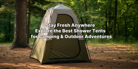 A spacious shower tent set up in a forest campsite, offering privacy and convenience for campers during outdoor adventures.