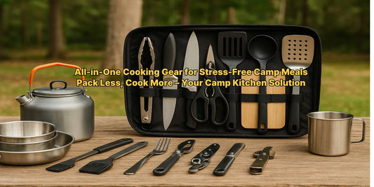 A complete camping cooking set including stainless steel and silicone utensils, neatly arranged on a wooden table with a forest background.