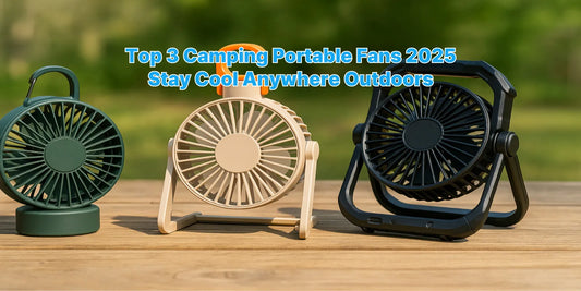 Three portable camping fans on a wooden table with a forest background, ideal for staying cool during outdoor adventures in summer 2025