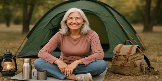A smiling senior woman with silver hair sits cross-legged on a mat outside a green tent, with a lantern, thermos, mug, and backpack nearby.