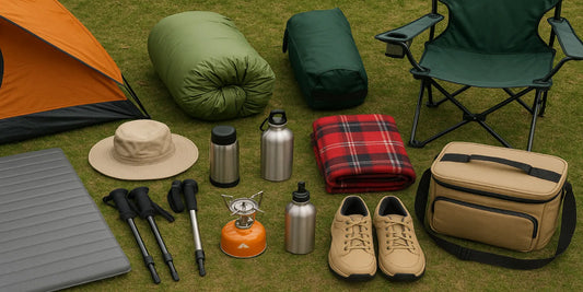 Camping essentials on grass including tent, sleeping bag, hiking shoes, lantern, thermos, blanket, folding chair, and trekking poles.