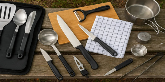 A camping cooking utensils set with spatula, ladle, knives, tongs, cutting board, and pot neatly arranged on a wooden outdoor table.