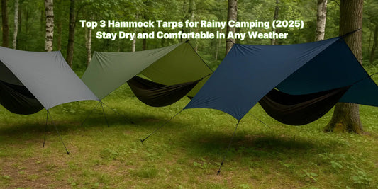 Three hammock tarps set up in a forest, showcasing top rain protection gear for camping in 2025 with gray, green, and blue covers