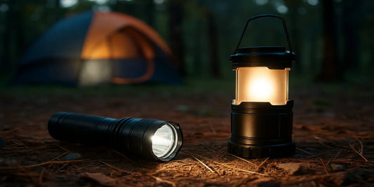 A black camping flashlight and lantern glow on the forest floor at night, with a tent softly lit in the background among trees.