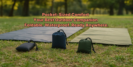 Three compact pocket picnic blankets with storage pouches on grass, perfect for camping, hiking, or beach trips in a forest setting.