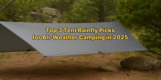 A gray tent rainfly set up in a pine forest, showcasing a lightweight and waterproof shelter for outdoor camping and backpacking adventures.
