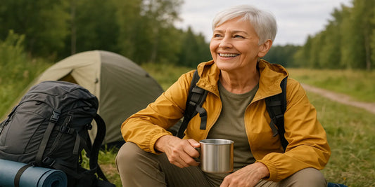 A smiling senior woman in a yellow jacket holds a mug beside a tent and backpack, enjoying a safe outdoor camping trip.