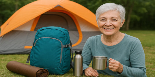 Smiling senior woman camping with orange tent, teal backpack, rolled mat, and stainless steel cup, enjoying safe and light outdoor gear setup.