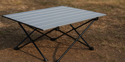 Ultralight foldable camping table with aluminum slats and black X-frame legs, set on dry ground outdoors for portable outdoor use.